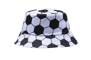 Macro detail of high-quality stitching on soccer pattern bucket hat with black and white print