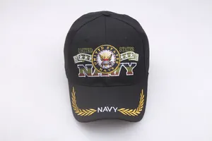 Detailed embroidery of US Navy eagle emblem and golden laurel leaves on black baseball cap