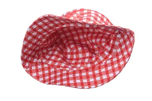 Red and white gingham bucket hat for outdoor sun protection shown from top view