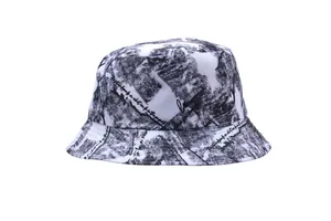 Close-up of black and white graffiti print bucket hat with abstract handwriting design