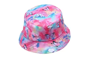 Colorful tie-dye fisherman hat with butterfly print for women, stylish sun protection cap