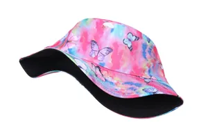Tie-dye butterfly bucket hat for women featuring pink and blue patterns with black lining