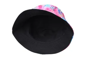 Detail view of tie-dye bucket hat featuring butterfly print and reversible black lining