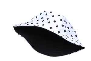 Detailed close-up showing the black polka dot pattern and durable cotton fabric of the sun hat