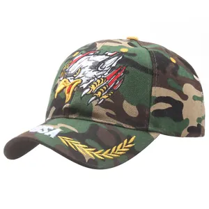 Jungle camouflage baseball cap featuring eagle embroidery and USA brim detail