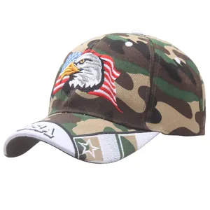 Camouflage baseball cap featuring bald eagle embroidery and USA flag details