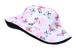 Detailed view of tie-dye bucket hat stitching and colorful butterfly print pattern
