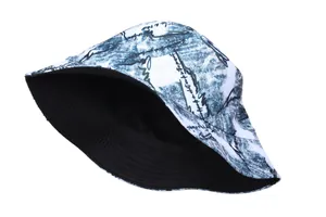Vintage tie-dye bucket hat with graffiti print and black reversible interior design