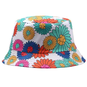 Chapeau Bob Tendance Double Face Imprimé Floral Motif Marguerite Rétro Polyester Protection Solaire Extérieur Voyage Casual