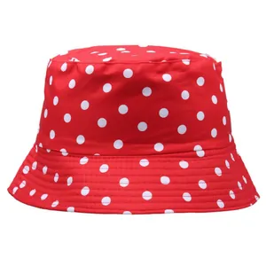 Red sun bucket hat with white polka dots for women and men, summer sun protection style