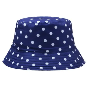 Classic navy blue sun bucket hat with white polka dots for UV protection outdoors