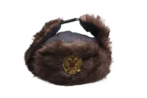 Klassische Uschanka mit dunkelgrauem winddichtem Stoff und russischem Doppeladler-Wappen