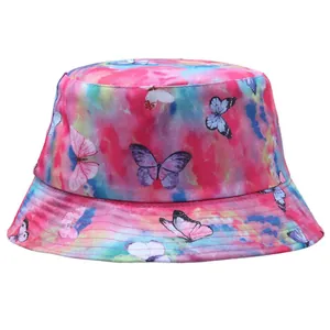Fashion Butterfly Print Tie-Dye Bucket Hat Double Sided Sun Protection Fisherman Hat For Women Summer Beach Casual Outdoor Travel Hat