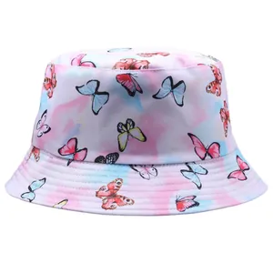 Tie-dye canvas bucket hat for women featuring colorful butterfly patterns and pink-blue tones