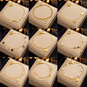 Cavigliera Doppio Strato In Acciaio Inossidabile Cuore Farfalla Conchiglia Perla Artificial Per Donna Gioielli Piede Dorati Eleganti Minimalisti