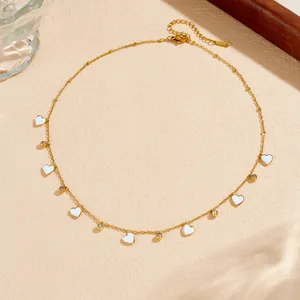 Gold stainless steel necklace with white enamel hearts and sparkling zircon stones