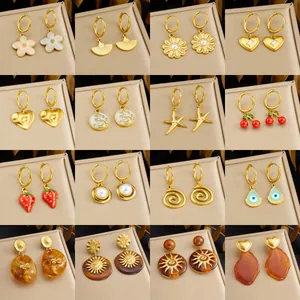 Vintage Stainless Steel Gold Plated Drop Earrings For Women Geometric Heart Flower Star Moon Fruit Strawberry Cherry Evil Eye Resin Dangle Earrings Fashion Jewelry Gift