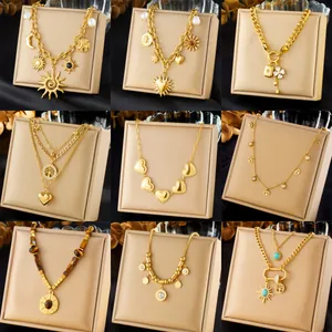 Collana Multistrato in Acciaio Inossidabile per Donna Oro Argento Cuore Sole Croce Pendente Bohémien Gioielli Moda Regalo