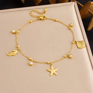 Ozean Seestern Seepferdchen Muschel Anhänger Fußkettchen Für Damen Edelstahl Verstellbarer Strass Sommer Strandschmuck