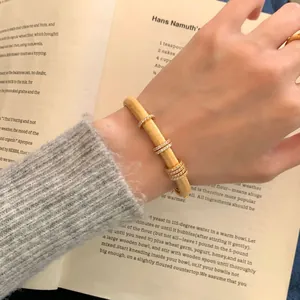 Lujoso brazalete de plata S925 con acabado de oro cepillado y circonitas engastadas