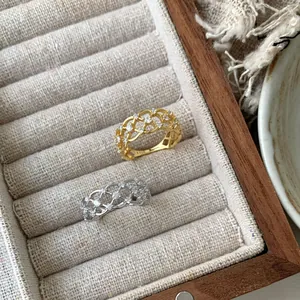 925 Sterling Silver Lace Hollow Ring For Women Zirconia Inlaid Vintage Geometric Weave Gold Silver Plated Finger Jewelry