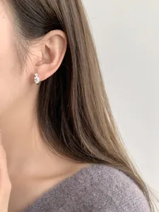 Close-up of S925 sterling silver diamond stud earrings worn by a female model