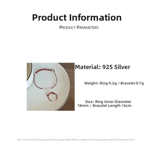 Dettaglio del set bracciale e anello in filo rosso argento S925 con misure