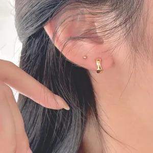 Minimalist S925 sterling silver irregular hoop earrings with small gold bead stud set