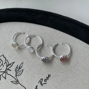 Anello Aperto in Argento Sterling 925 con Cristallo Naturale per Donna Minimalista Regolabile Ovale Pietra di Luna Citrino Retro Gioielli