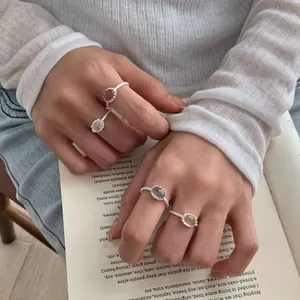Anelli minimalisti in argento sterling S925 con pietre naturali ovali multicolore