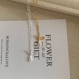 925 Sterling Silver Bowknot Waterdrop Zircon Pendant Necklace For Women Gold Silver Plated Dainty Ribbon Knot Cubic Zirconia Clavicle Chain Jewelry Gift