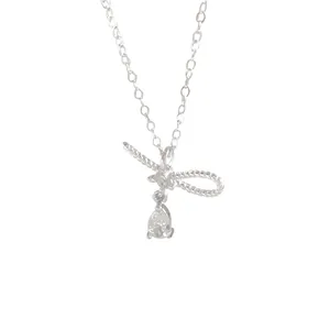 S925 sterling silver bow necklace with a pear-cut zircon teardrop and sparkling accents