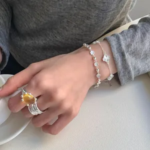 Parure de bracelets en argent S925 avec bague ambre et breloques trèfle de style coréen