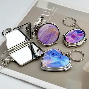 Mini Folding Makeup Mirror Keychain Portable Metal Double Sided Compact Mirror Butterfly Marble Pocket Mirror For Purse Backpack Decor Gift