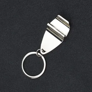 Detailed close-up of a polished silver metal beer bottle opener keychain with ring