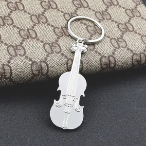 Polished silver metal violin guitar keychain accessory with fine strings detail and ring