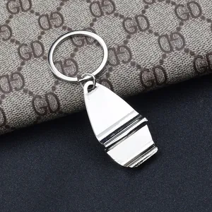 Polished silver metal bottle opener keychain with a sleek mirror finish and round ring