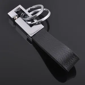 Porte-clés de voiture en cuir noir de qualité avec doubles anneaux en métal poli chic