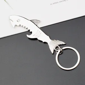 Shark shaped multifunctional metal bottle opener keychain with a polished silver finish