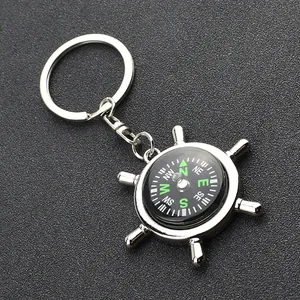 Creative silver metal ship helm compass keychain with functional black dial and white scale