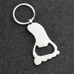 Polished zinc alloy foot-shaped beer bottle opener keychain in bright silver finish