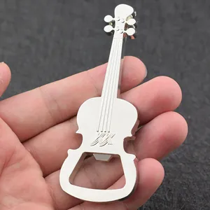 Handheld silver violin shaped metal beer bottle opener with polished finish