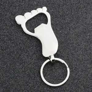 Creative silver foot-shaped zinc alloy beer bottle opener with integrated keychain ring