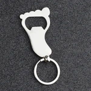 Detailed view of footprint-shaped zinc alloy beer bottle opener with key ring