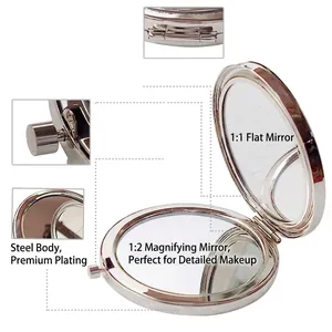 Vintage silver folding makeup mirror with 1:1 and 1:2 magnification and durable lock