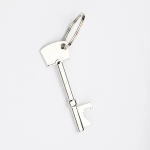 Polished silver metal keychain bottle opener in a creative key shape on white background