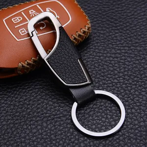 Porte-clés de voiture en métal argenté et cuir noir litchi avec mousqueton robuste
