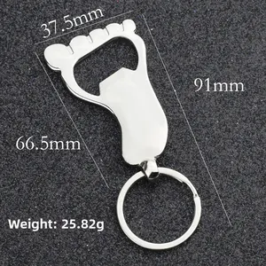 Polished silver zinc alloy foot-shaped bottle opener keychain with key ring attachment