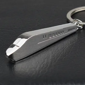 Creative silver zinc alloy high-speed train keychain with modern minimalist metallic finish