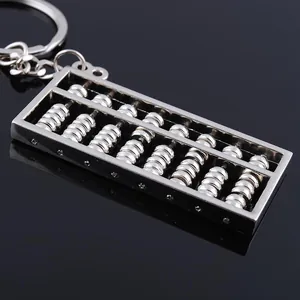 Macro view of silver metal abacus keychain with 8 rows of beads on black background
